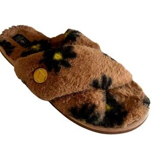 Volcom Lived in Lounge Woman's Slippers Slides Brown Soft Faux Fur Daisies Sz 8?